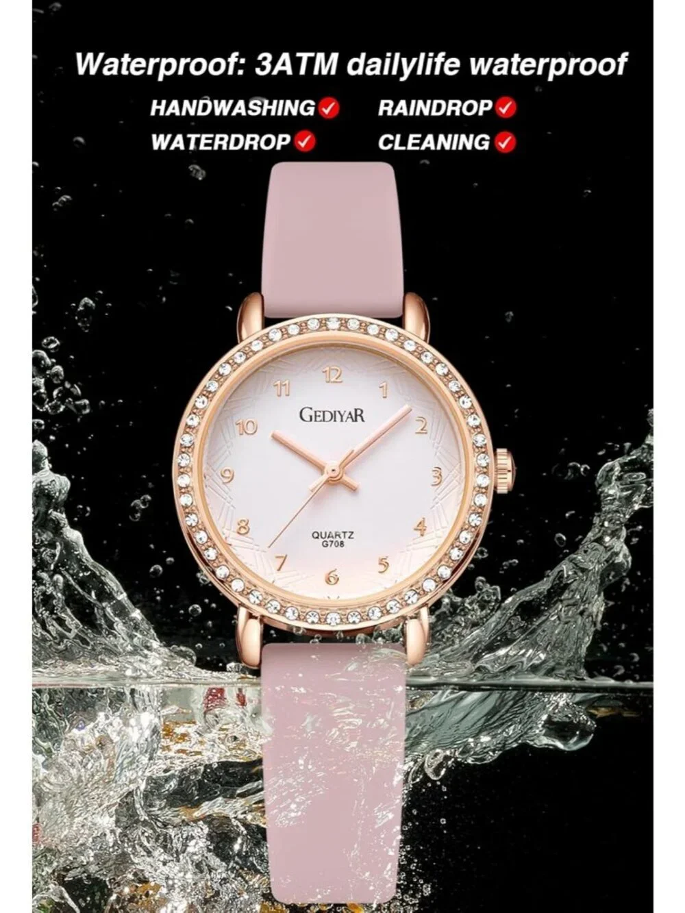 Women's Pink Analog Quartz Crystal Rhinestone Bezel Waterproof Round Wrist Watch